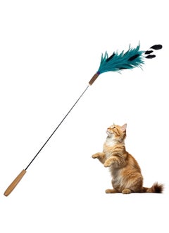 MAJIBAO Interactive cat teaser wand toy with wooden handle, Durable steel rod, Colorful feather, and Jingling bell, Ideal for play and Entertainment, No battery required, 101 cm (Blue)  - Image 1