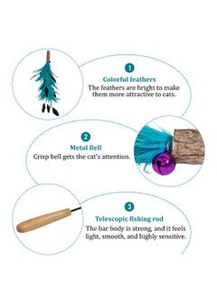 MAJIBAO Interactive cat teaser wand toy with wooden handle, Durable steel rod, Colorful feather, and Jingling bell, Ideal for play and Entertainment, No battery required, 101 cm (Blue)  - Image 3