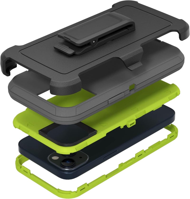 NIUBITY Compatible with iPhone 13 6.1 inch Case,with Screen Protectors,Heavy Duty Rugged Shockproof Full Body Protection Kickstand Case with Belt Clip Holster for iPhone 13 Phone (Dark Grey+Green) - Image 1