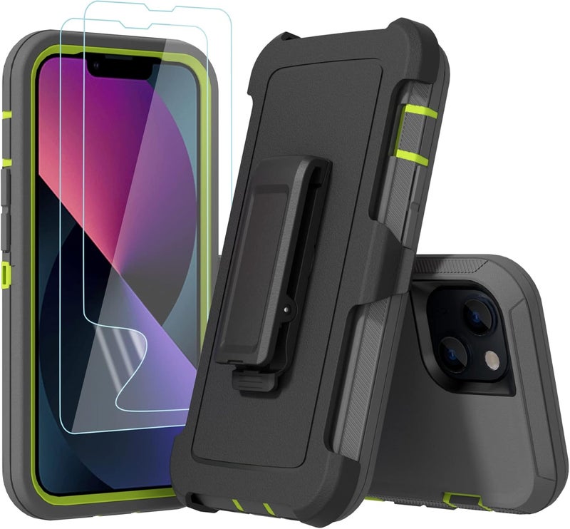 NIUBITY Compatible with iPhone 13 6.1 inch Case,with Screen Protectors,Heavy Duty Rugged Shockproof Full Body Protection Kickstand Case with Belt Clip Holster for iPhone 13 Phone (Dark Grey+Green) - Image 2