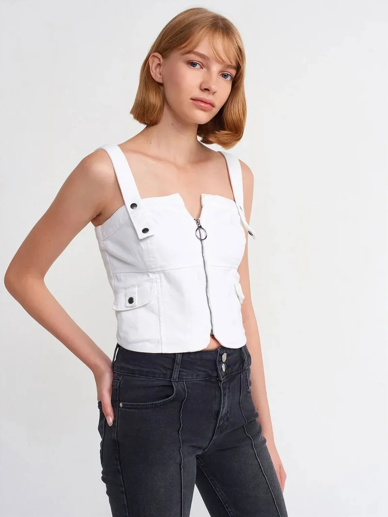 Dilvin DILVIN Fitted Cropped Poplin Top With Zipper