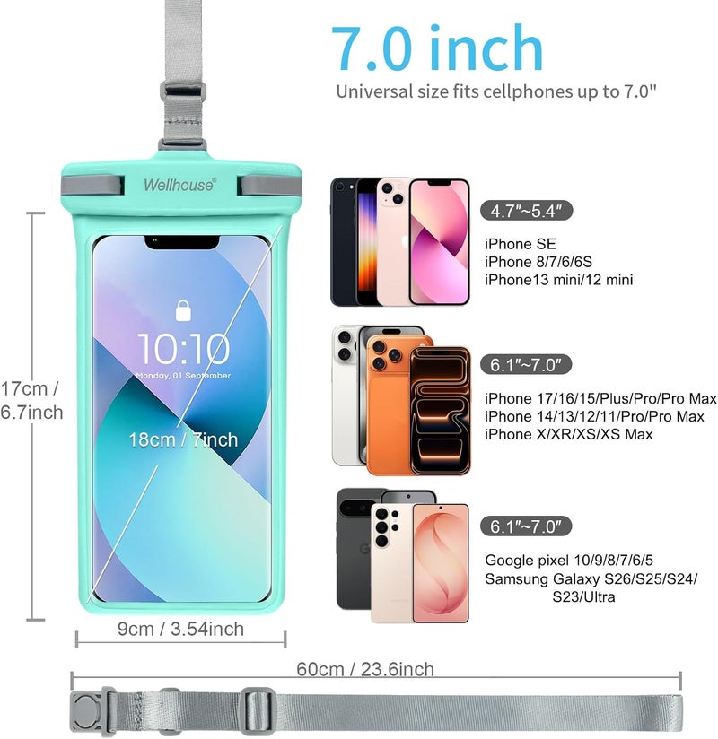 Wellhouse Waterproof Phone Pouch, Waterproof Phone Case for iPhone 16 15 14 13 12 Pro Max XS Samsung, IPX8 3D Cellphone Dry Bag Beach Essentials (1 Pack - Crystal Green7.0, 7 inch) - Image 5