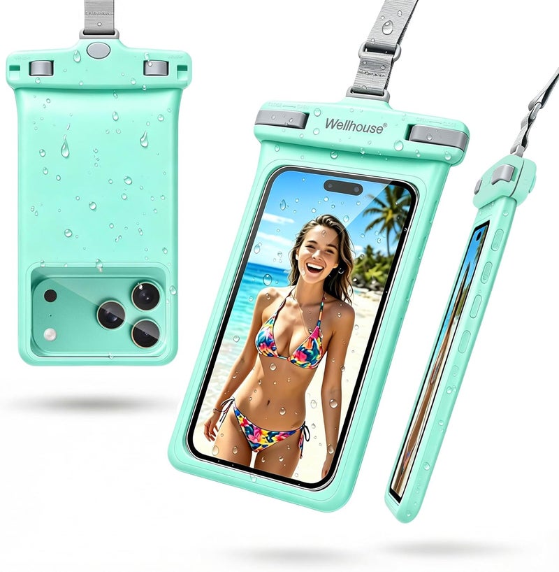 Wellhouse Waterproof Phone Pouch, Waterproof Phone Case for iPhone 16 15 14 13 12 Pro Max XS Samsung, IPX8 3D Cellphone Dry Bag Beach Essentials (1 Pack - Crystal Green7.0, 7 inch) - Image 1