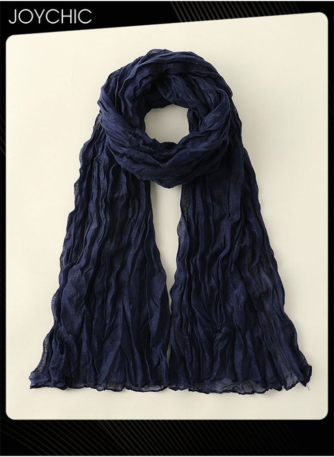 Joychic - Women Versatile Spring Solid Color Cotton and Linen Silk Scarves Muslim Gauze Scarf Baotou Beach Sun Protection Lightweight Long Scarf Shawl Multifunctional for Everyday Use Navy - Image 1