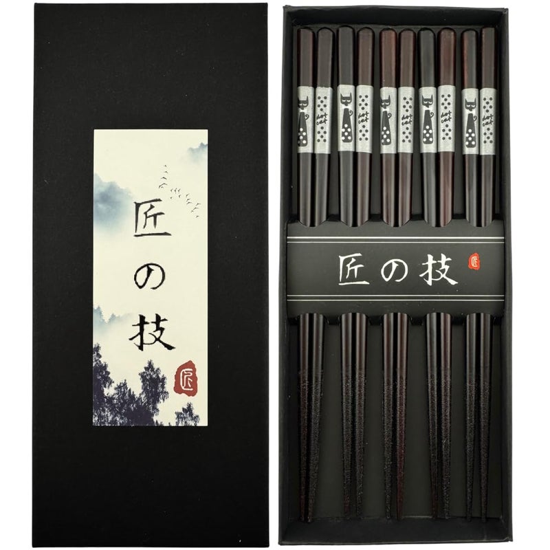JapanBargain JapanBargain 4509 Bamboo Chopsticks Reusable Japanese Chinese Korean Wood Chop Sticks Hair Sticks 5 Pair Gift Boxed Set Dishwasher Safe 9 inch SilverCat 