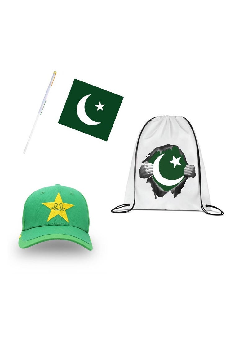 مجموعة مشجعي رياضة الكريكيت الباكستانية - عبوة مكونة من 3 قطع - قبعة مطرزة وحقيبة برباط وعلم يدوي - مثالية للمباريات والمناسبات والاستخدام اليومي - مثالية لعشاق الرياضة - Image 1