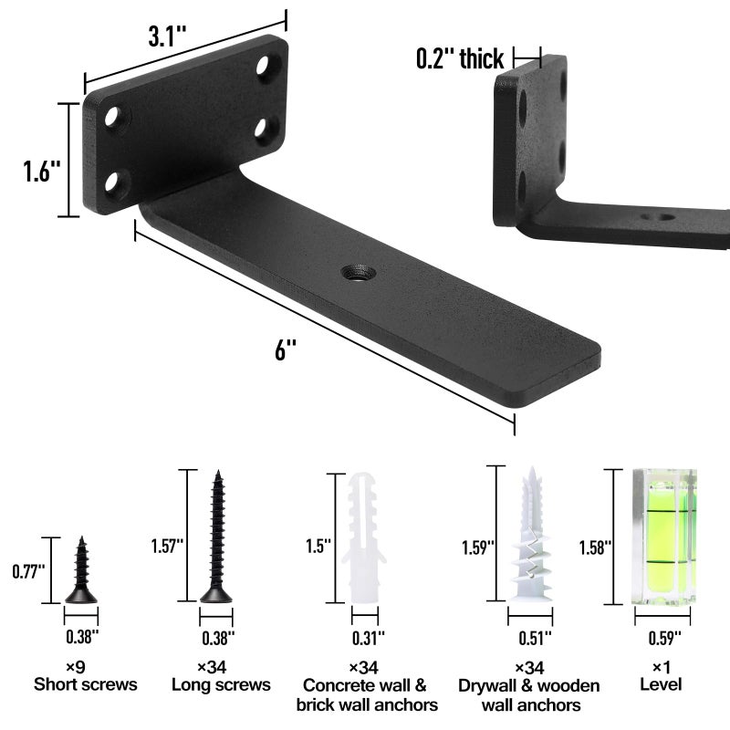 Hitomen Heavy Duty Floating Shelf Brackets  6-Inch (1/5'' Thick) Hidden Shelves Hardware  Cast Iron L Brackets  Rustic Industrial Black Metal Wall Shelving Supports  8 Pack - Image 3