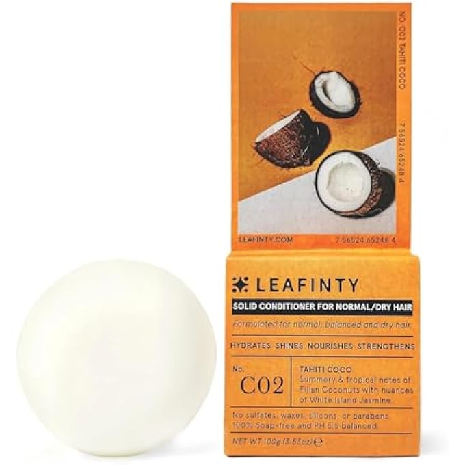 LEAFINTY SOLID CONDITIONER BAR FOR NORMAL & DRY HAIR HYDRATES SHINES NOURISHES - SULFATE FREE, NATURAL, SUSTAINABLE, ZERO WASTE,100G (PACK OF 1, UP TO 75 USES) - Image 1