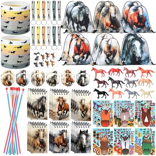 Dansydaisy 114 Pcs Horse Themed Party Favor Supplies with Drawstring Bag Mini Figurines Keychain Silicone Bracelets Badges Puzzle Stickers Notepads Soft Pencils for Horses Birthday Party Decoration - Image 1