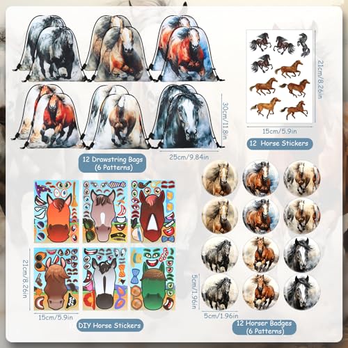 Dansydaisy 114 Pcs Horse Themed Party Favor Supplies with Drawstring Bag Mini Figurines Keychain Silicone Bracelets Badges Puzzle Stickers Notepads Soft Pencils for Horses Birthday Party Decoration - Image 5