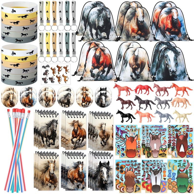 Dansydaisy 114 Pcs Horse Themed Party Favor Supplies with Drawstring Bag Mini Figurines Keychain Silicone Bracelets Badges Puzzle Stickers Notepads Soft Pencils for Horses Birthday Party Decoration - Image 3