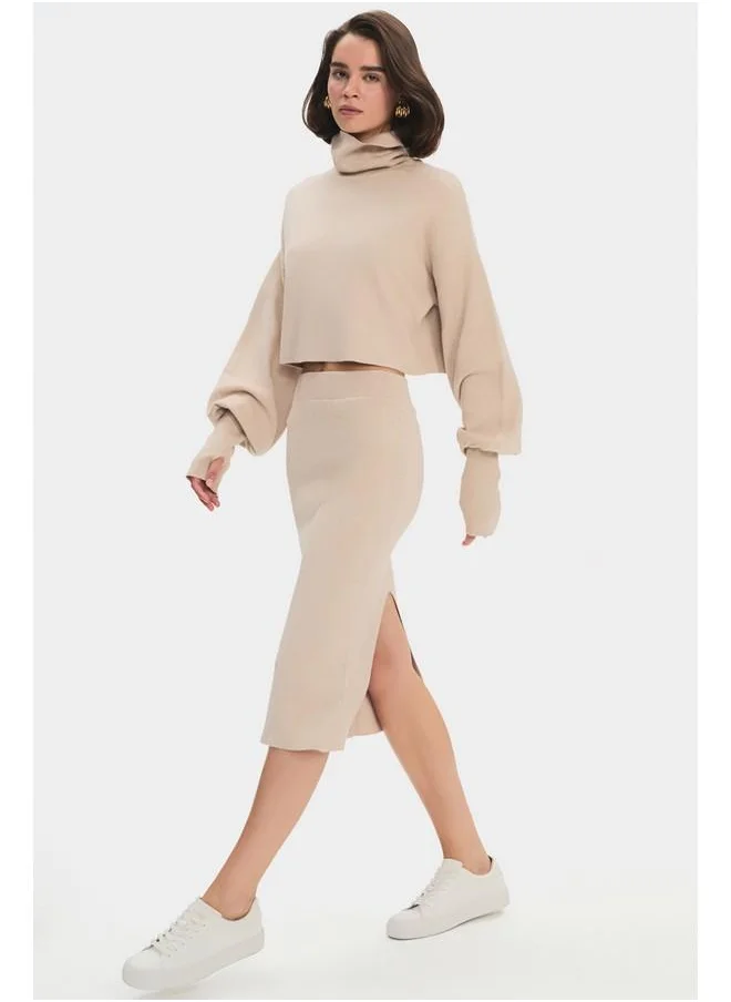 جون June Women Turtleneck Sweater Midi Skirted Top-Bottom Set Stone