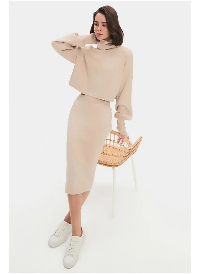 جون June Women Turtleneck Sweater Midi Skirted Top-Bottom Set Stone