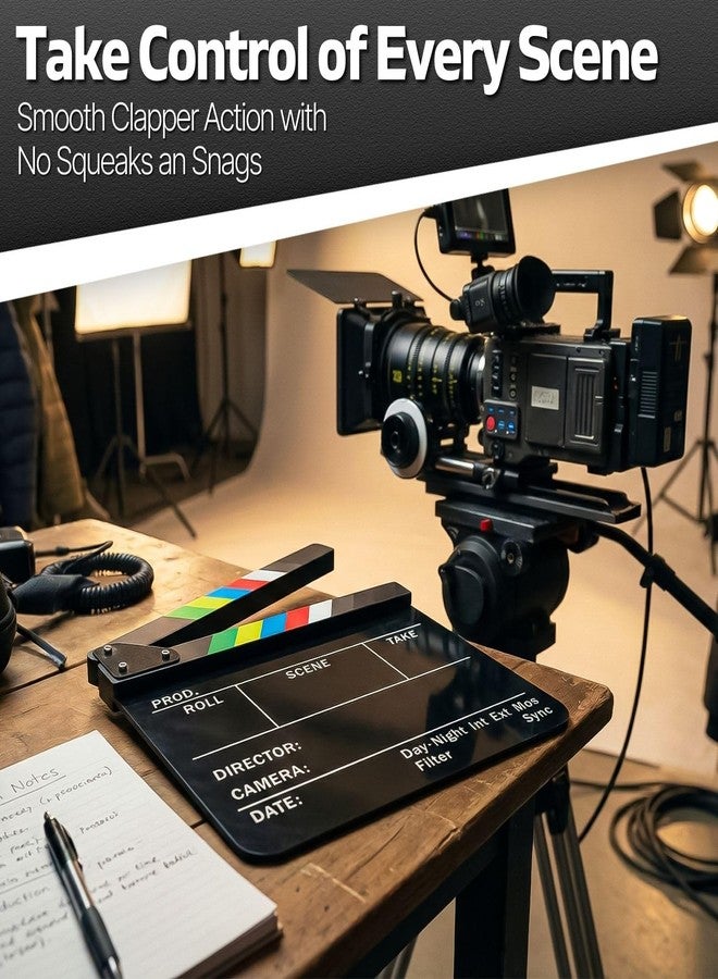 Flexzion Directors Clapboard - Film Clapper Board Dry Erase Camera Slate 10x12 Acrylic Cinema Movie Slate for Filming, Film Set Props, Video Production, Movie Making Equipment Black with Color Sticks - Image 2
