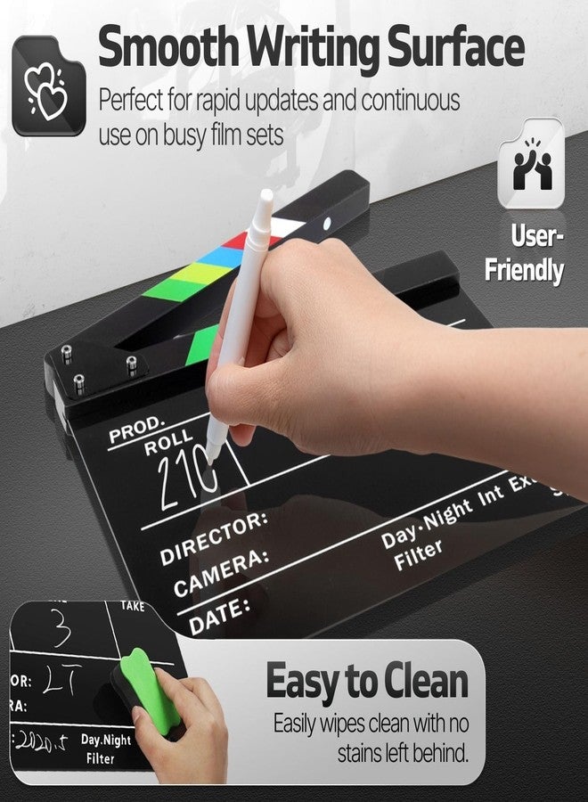 Flexzion Directors Clapboard - Film Clapper Board Dry Erase Camera Slate 10x12 Acrylic Cinema Movie Slate for Filming, Film Set Props, Video Production, Movie Making Equipment Black with Color Sticks - Image 3