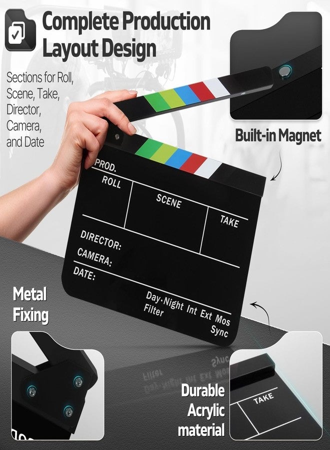 Flexzion Directors Clapboard - Film Clapper Board Dry Erase Camera Slate 10x12 Acrylic Cinema Movie Slate for Filming, Film Set Props, Video Production, Movie Making Equipment Black with Color Sticks - Image 5