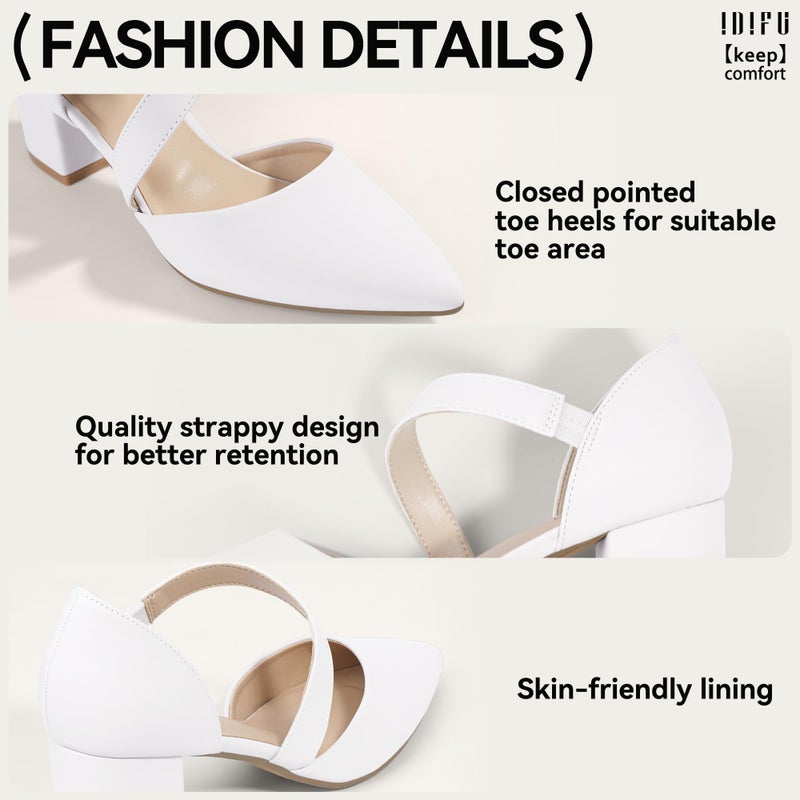 IDIFU White Women's Pumps Closed Toe Strappy Heels Low Block Chunky Heels Dressy Wedding Bride Bridesmaid Prom Business Dress Shoes for Women Comfy Formal Pointed Toe Short Small Heels(White Pu,8) - Image 4