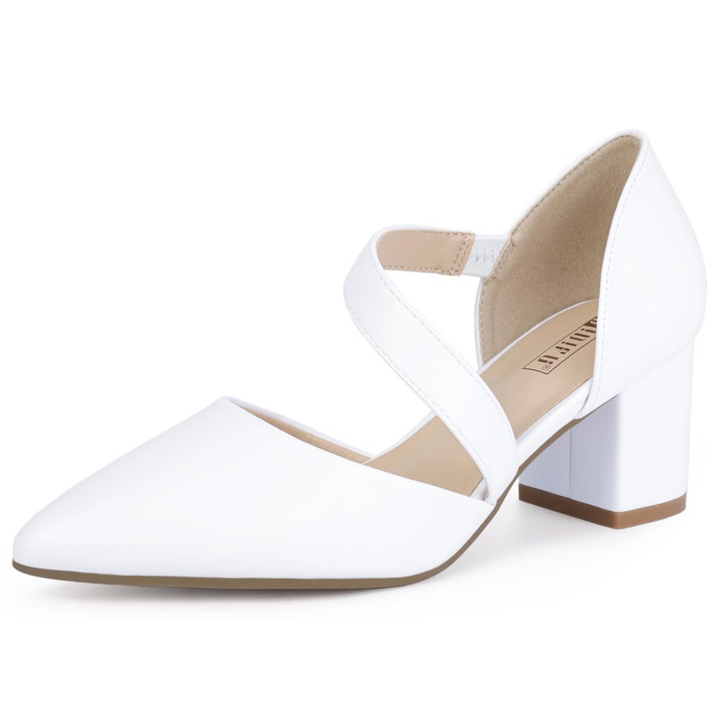 IDIFU White Women's Pumps Closed Toe Strappy Heels Low Block Chunky Heels Dressy Wedding Bride Bridesmaid Prom Business Dress Shoes for Women Comfy Formal Pointed Toe Short Small Heels(White Pu,8) - Image 1