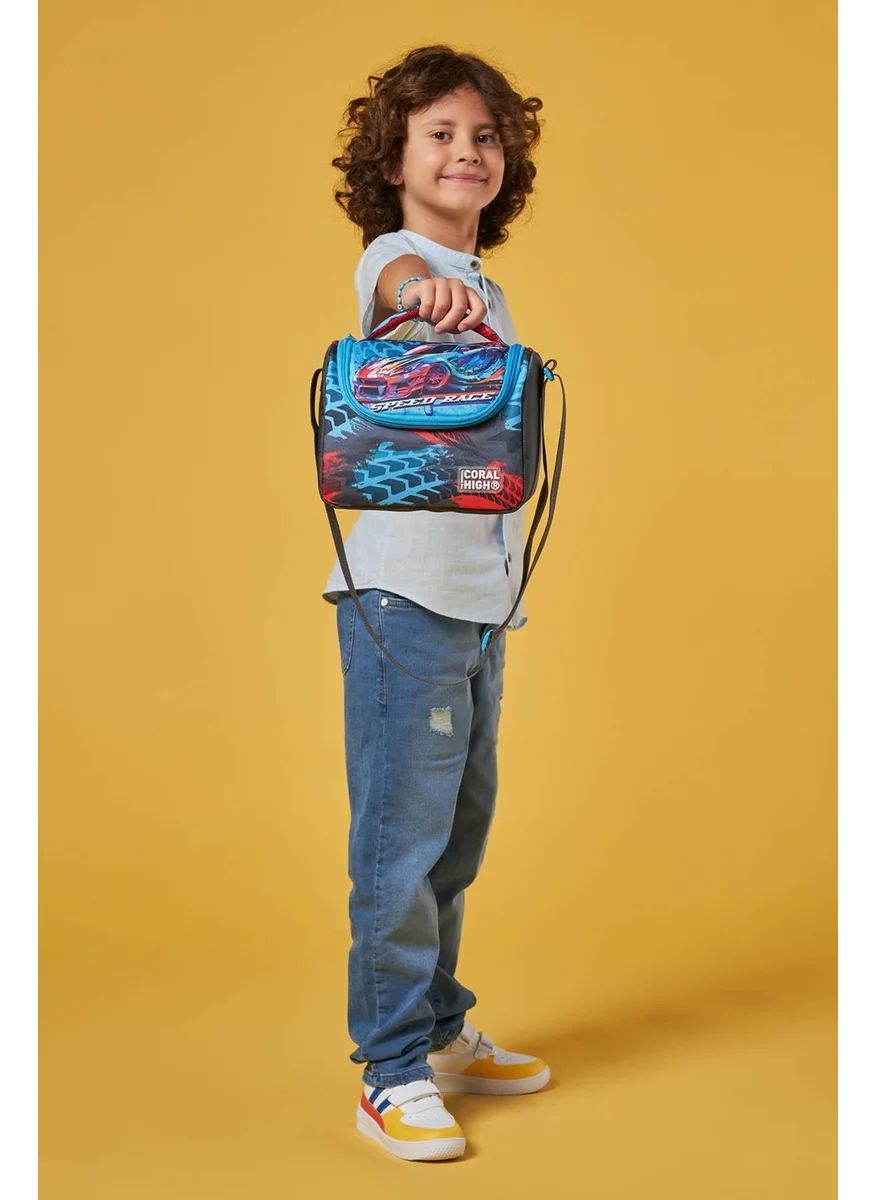 كورال هاي Kids Gray Blue Race Car Patterned Thermo Lunch Box 11885
