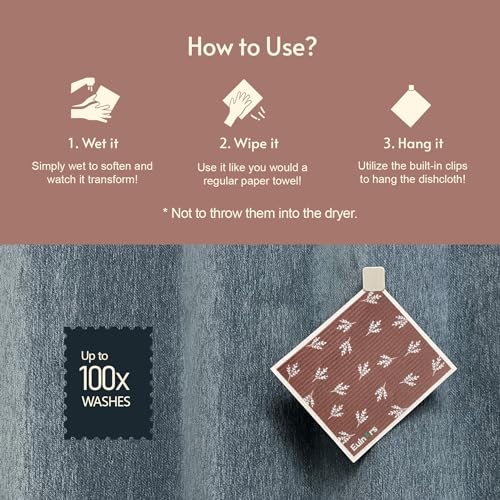 Eulnars Swedish Dishcloths, 8 Pack Reusable Paper Towels with Clips, Quick Drying Dish Towels, Super Absorbent Cellulose Sponge Cloths, No Odor, Kitchen Cleaning Essentials - Image 4