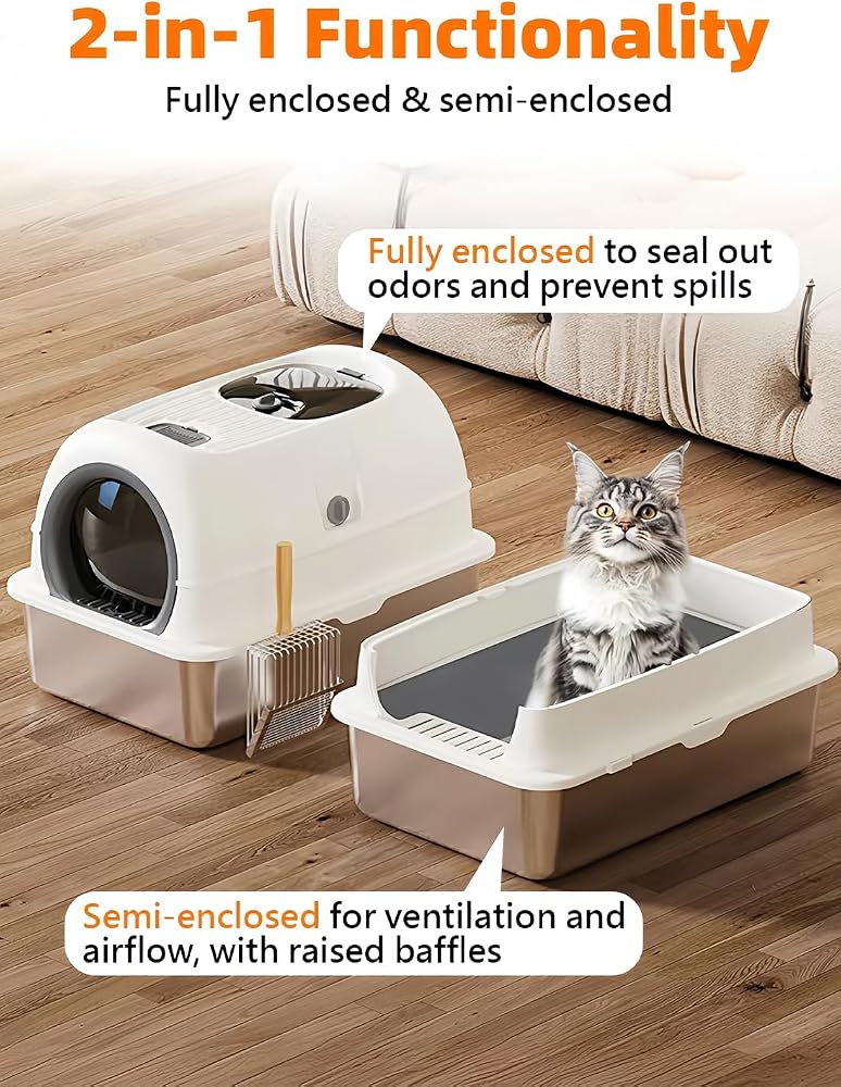 Sharpdo Stainless Steel Cat Litter Box with Steps & Scoop High Sides with Lid Easy to Clean Non Sticky (White) - Image 4