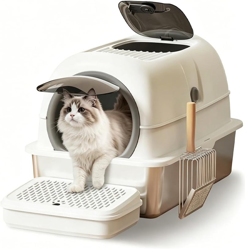 Sharpdo Stainless Steel Cat Litter Box with Steps & Scoop High Sides with Lid Easy to Clean Non Sticky (White) - Image 1