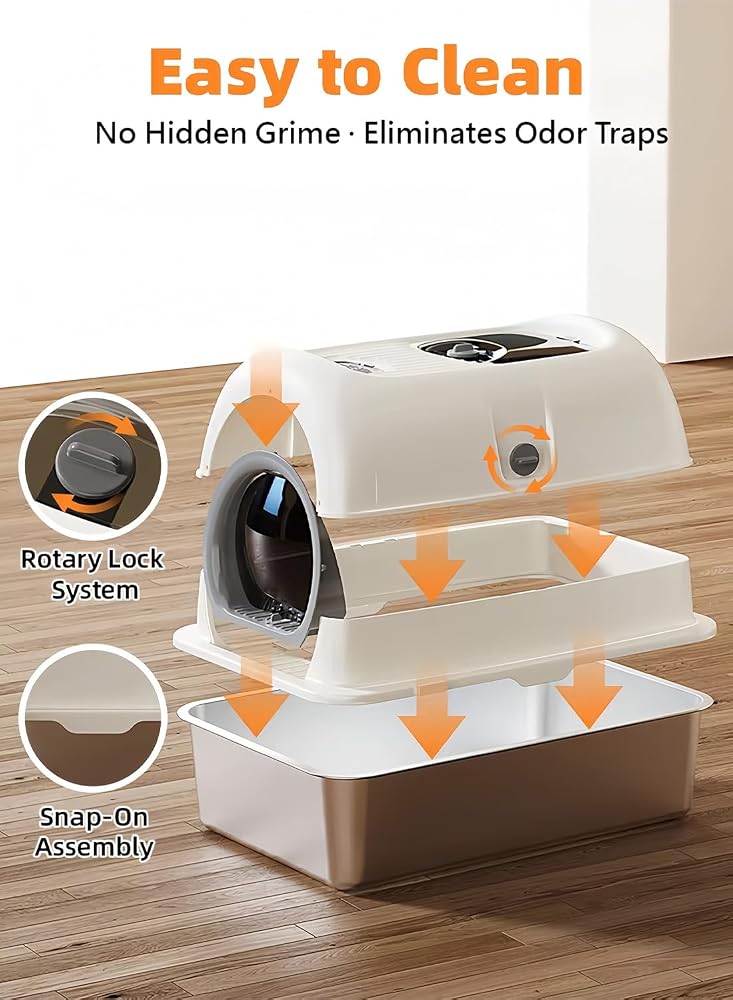 Sharpdo Stainless Steel Cat Litter Box with Steps & Scoop High Sides with Lid Easy to Clean Non Sticky (White) - Image 5