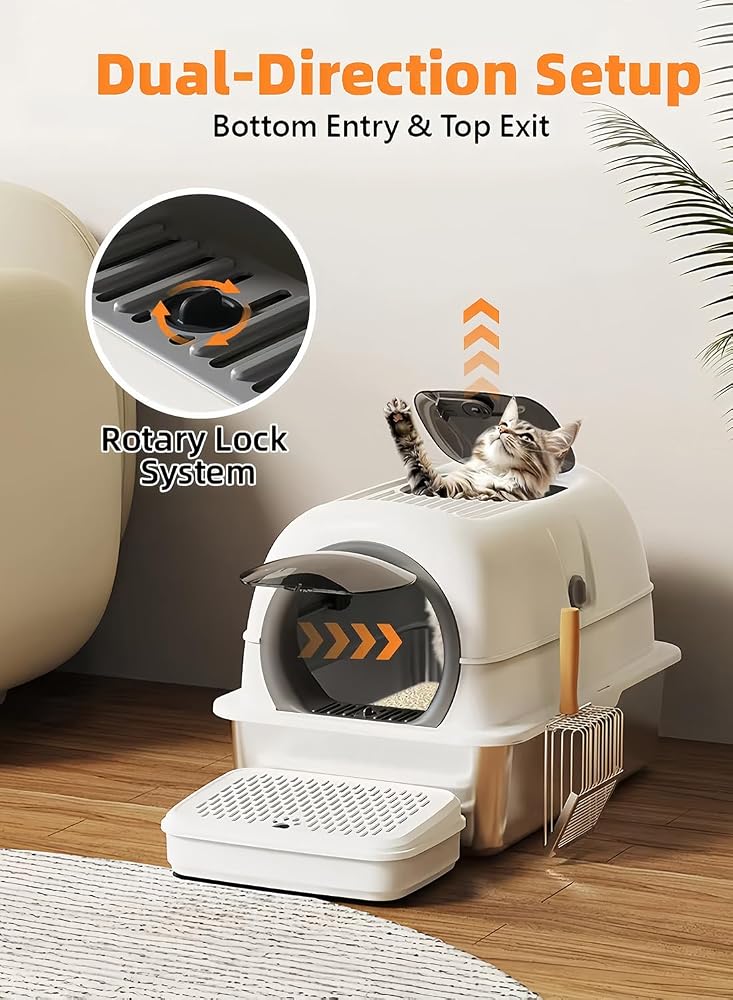 Sharpdo Stainless Steel Cat Litter Box with Steps & Scoop High Sides with Lid Easy to Clean Non Sticky (White) - Image 3