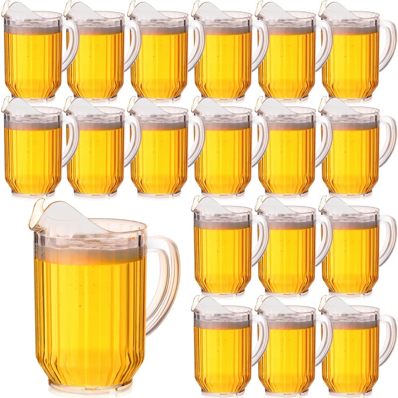 Rtteri 16 Pack 32 oz Clear Plastic Water Pitcher Bulk Mini Durable Restaurant Pitcher Jug with Spout and Handle Serving Beer Sangria Soda Lemonade Juice Drink Beverage Tea for Home Bar Party Container
