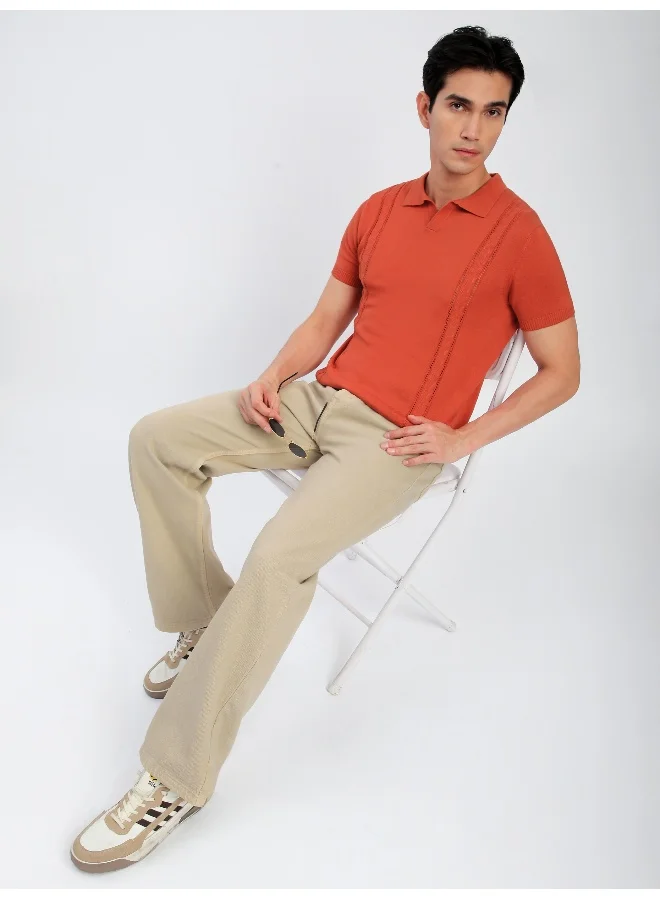 Beyoung Orange Cord Striped Flat Knit Polo T-Shirt for Men
