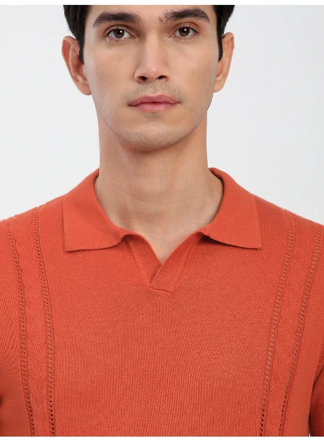 Beyoung Orange Cord Striped Flat Knit Polo T-Shirt for Men