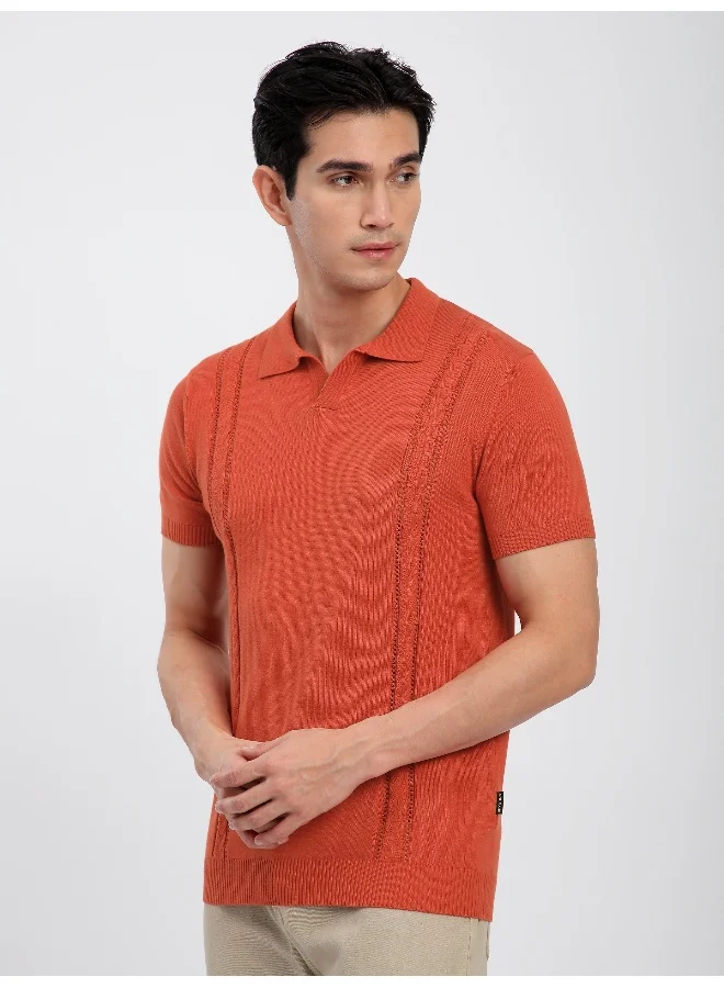 Beyoung Orange Cord Striped Flat Knit Polo T-Shirt for Men