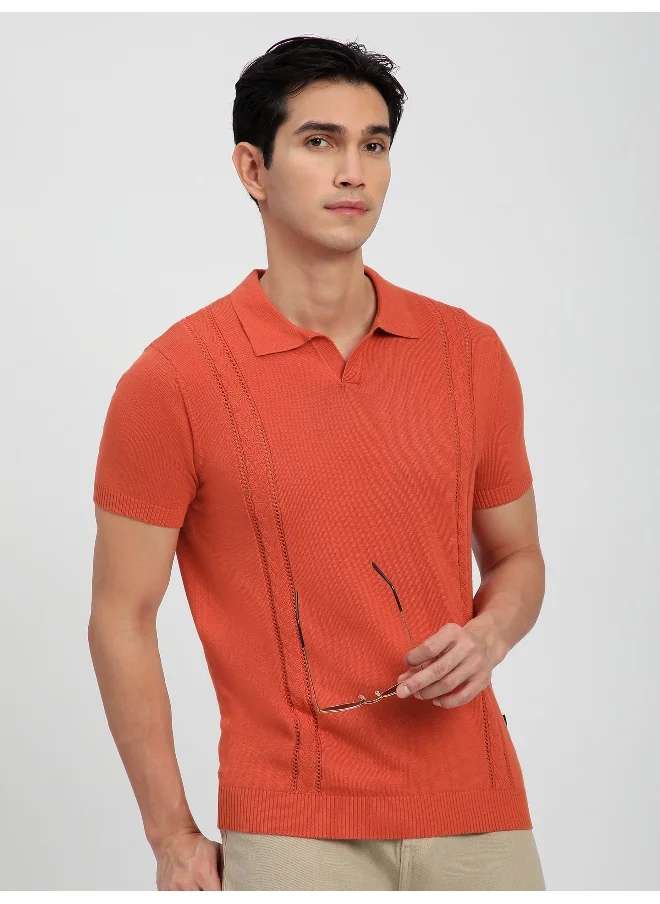 Beyoung Orange Cord Striped Flat Knit Polo T-Shirt for Men