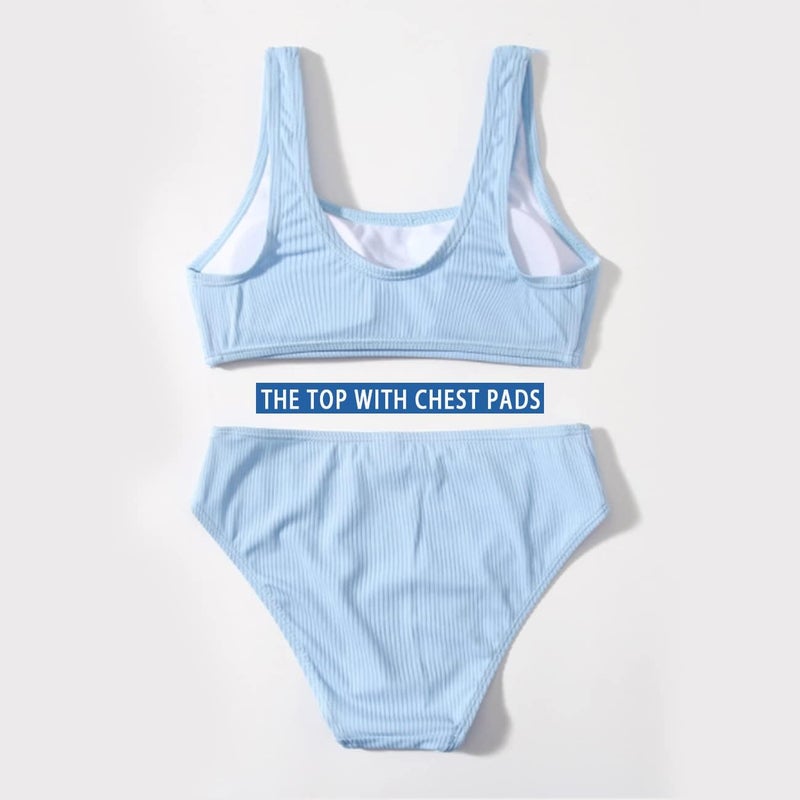 MIENOE Teen Girls' Swimsuits Two-Piece Swimsuit Sport Wrap Around Bikini Swimsuit Solid Color Bikini Sete Kids Sky Blue Fashion Swimsuit (Size 12-13Years) - Image 3
