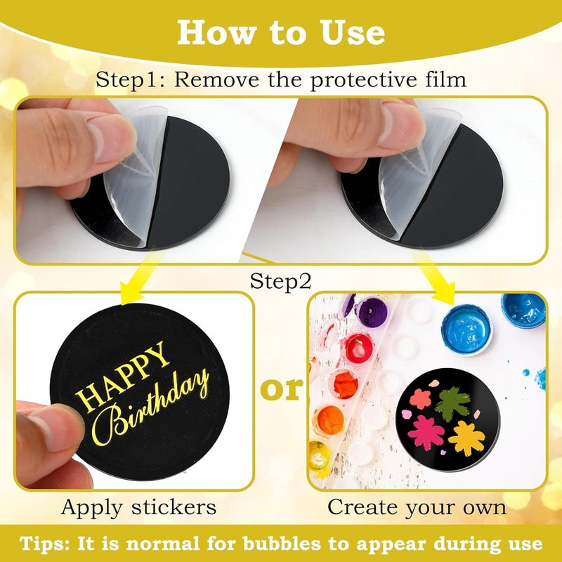 Wolpark 20 Pcs 2 Inch Black Round Blank Acrylic Cupcake Toppers with 20 Pcs Stickers Mirror DIY Circle Cake Toppers for Birthday Party Baby Shower Wedding Cupcake Decorations Back to School - Image 4