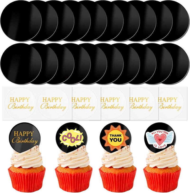 Wolpark 20 Pcs 2 Inch Black Round Blank Acrylic Cupcake Toppers with 20 Pcs Stickers Mirror DIY Circle Cake Toppers for Birthday Party Baby Shower Wedding Cupcake Decorations Back to School - Image 1