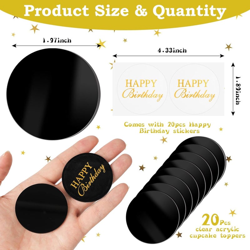 Wolpark 20 Pcs 2 Inch Black Round Blank Acrylic Cupcake Toppers with 20 Pcs Stickers Mirror DIY Circle Cake Toppers for Birthday Party Baby Shower Wedding Cupcake Decorations Back to School - Image 2
