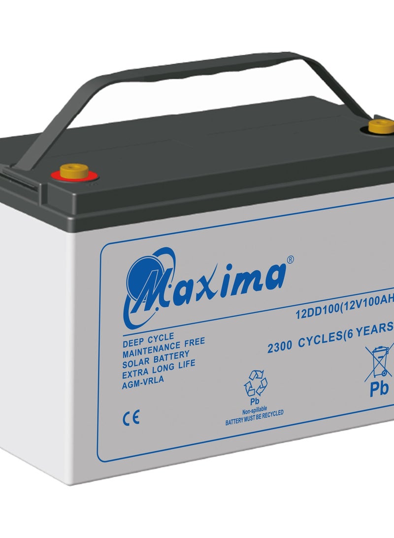 Maxima Solar AGM Battery 100Ah, AGM Battery 100Ah, Rechargeable Battery, Maintenance Free With High Performance AGM Technology, 12V/100Ah Deep Cycle AGM Battery