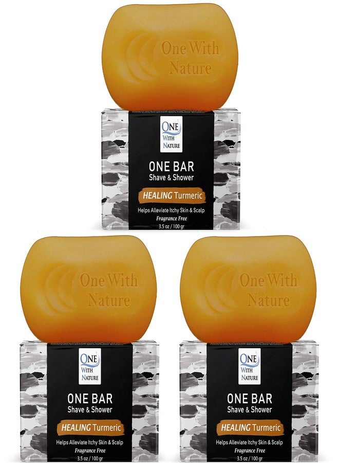 وان ويذ ناتشر ONE Bar Healing Turmeric، خالي من العطور 3.5 أونصة، عبوة من 3 قطع - للحلاقة، والاستحمام، والشامبو، والوجه، واللحية، والجسم، والشعر/فروة الرأس، غني بزيت SuperFAT "المُعزز": الأفوكادو، والمانجو، والزيتون، وجوز الهند، والأرغان، زيت مغذي. - Image 1