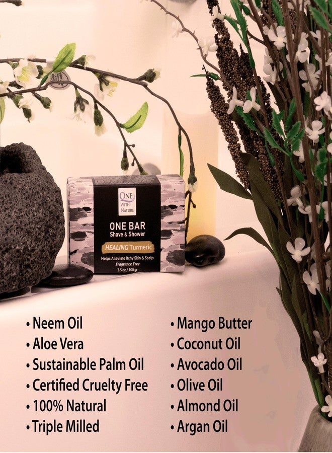 وان ويذ ناتشر ONE Bar Healing Turmeric، خالي من العطور 3.5 أونصة، عبوة من 3 قطع - للحلاقة، والاستحمام، والشامبو، والوجه، واللحية، والجسم، والشعر/فروة الرأس، غني بزيت SuperFAT "المُعزز": الأفوكادو، والمانجو، والزيتون، وجوز الهند، والأرغان، زيت مغذي. - Image 3