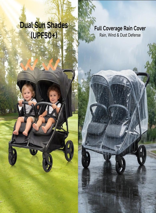 VOUPOU Double Stroller – Ultra Lightweight Side by Side Stroller for 2 Kids,Newborn-Friendly Recline,UPF50 Canopy&Cover, All-Terrain Shock Wheels & Easy-Fold Travel Design - Image 5