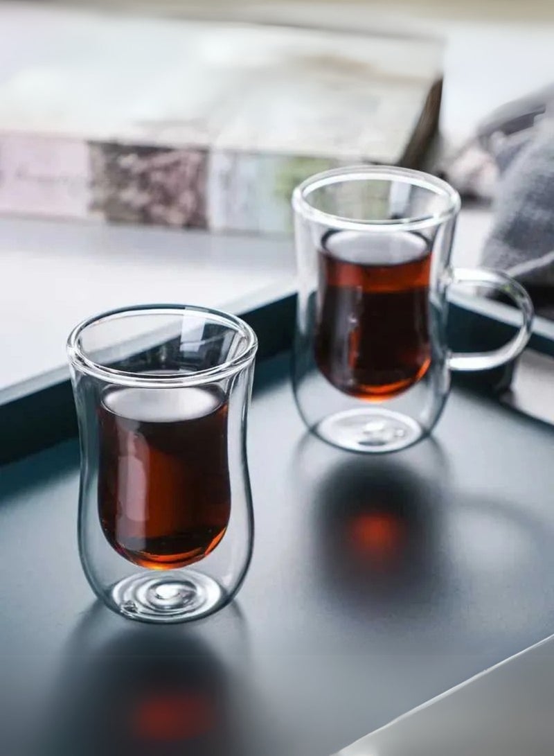 1 تشيس أكواب زجاجية عازلة مزدوجة الجدار - سعة ٨٠ مل بمقبض (طقم من قطعتين) | أكواب شاي وقهوة عربية مقاومة للحرارة | أكواب أنيقة للاتيه والإسبريسو والشاي المثلج - Image 1