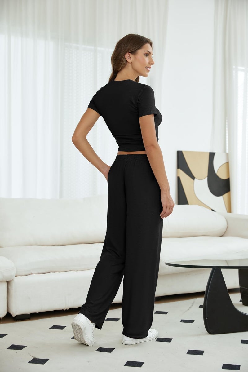 COPYLEAF Two Piece Lounge Sets for Women Wide Leg Drawstring Sweatpants Crop Top Matching Travel Outfits - Image 4