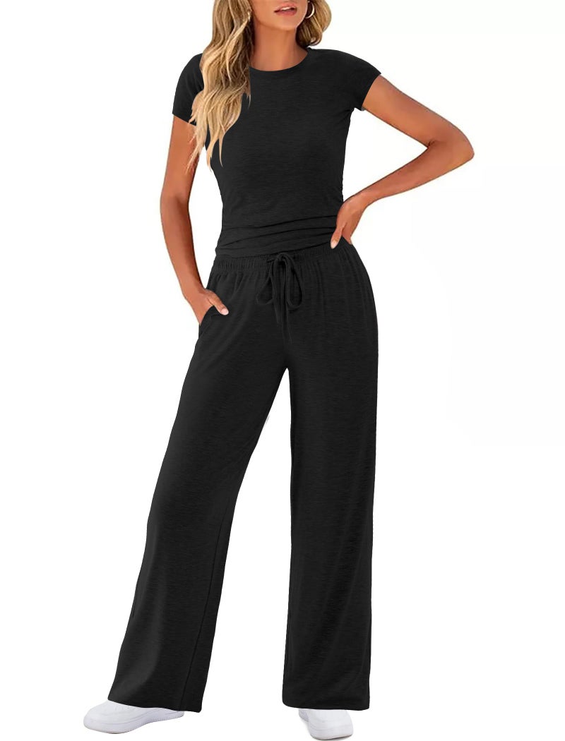 COPYLEAF Two Piece Lounge Sets for Women Wide Leg Drawstring Sweatpants Crop Top Matching Travel Outfits - Image 1