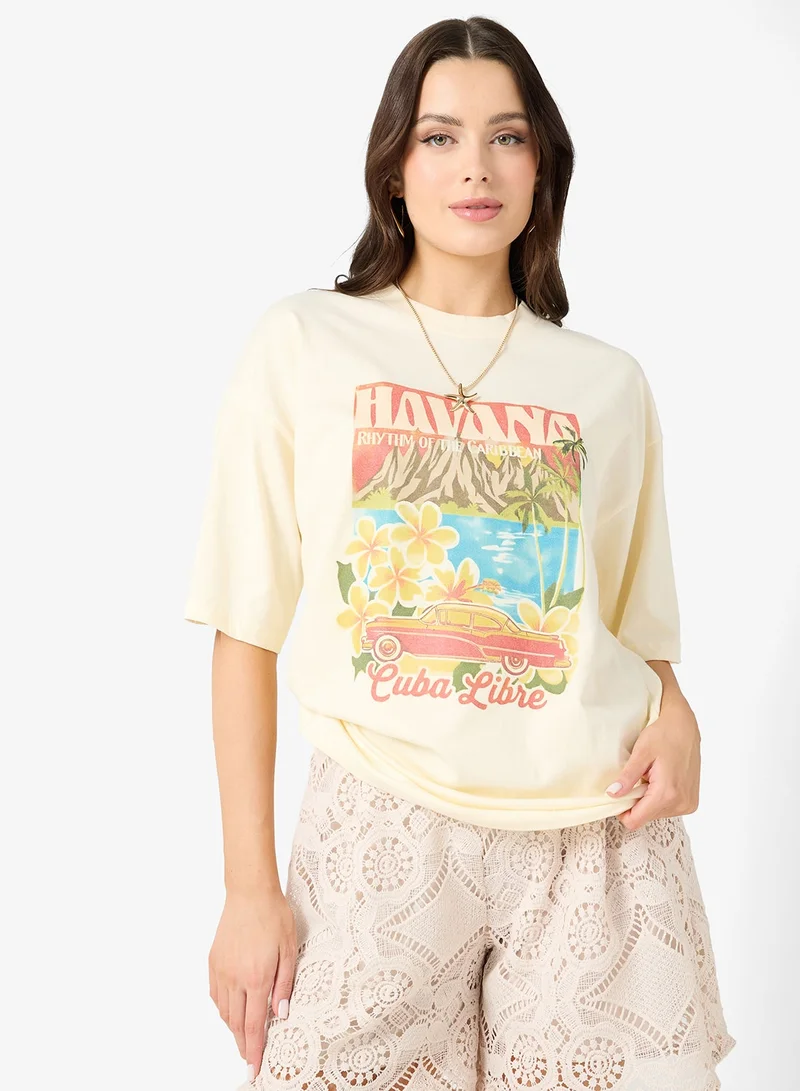 جينجر تيشيرت قطن كبير بطبعة للسفر