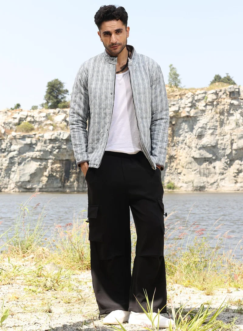 CAHOOT  Men's White & Light Grey Striped Quilted Bomber Jacket for Men | Best Price UAE