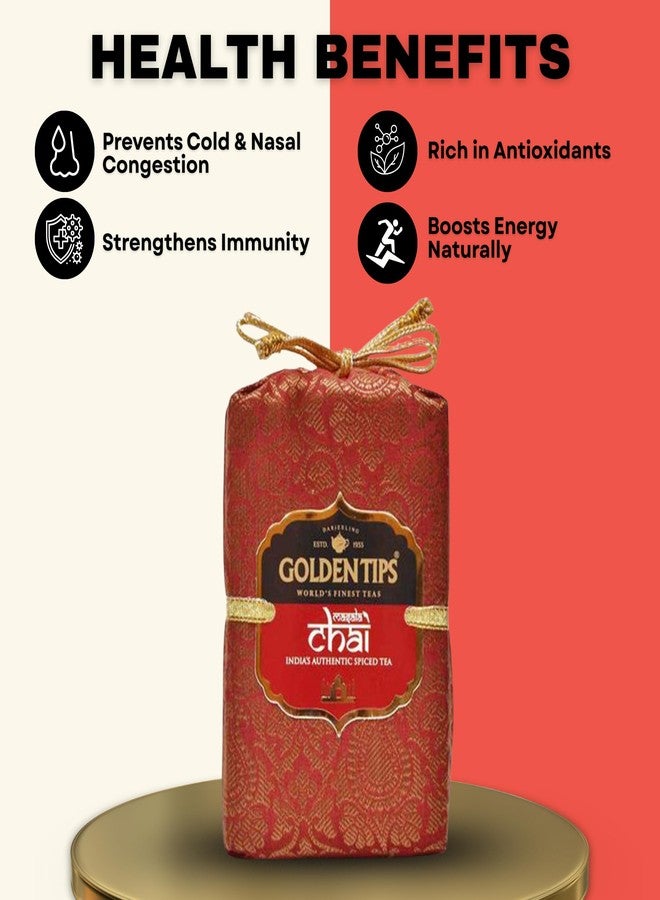 Golden Tips Masala Chai, India’s Spiced Tea in Brocade Cloth Bag, Bold Black Tea Blend with Cardamom, Ginger, Cloves & Cinnamon, Gift & Everyday Chai (200 Gram, 100 cups) - Image 2