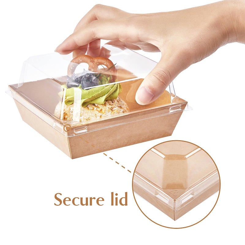 Ocmoiy Kraft Charcuterie Boxes with Clear Lids 4x4 Inch, 50 Pack Brown Square Bakery Cake Slice Boxes with Window, Dessert To Go Containers (50) - Image 3