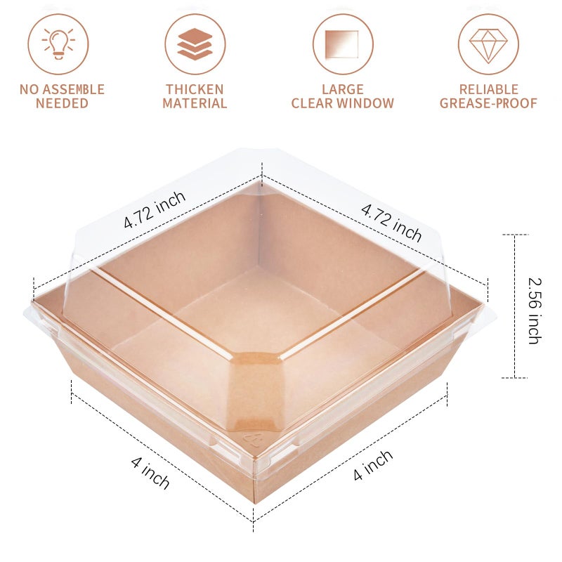 Ocmoiy Kraft Charcuterie Boxes with Clear Lids 4x4 Inch, 50 Pack Brown Square Bakery Cake Slice Boxes with Window, Dessert To Go Containers (50) - Image 2