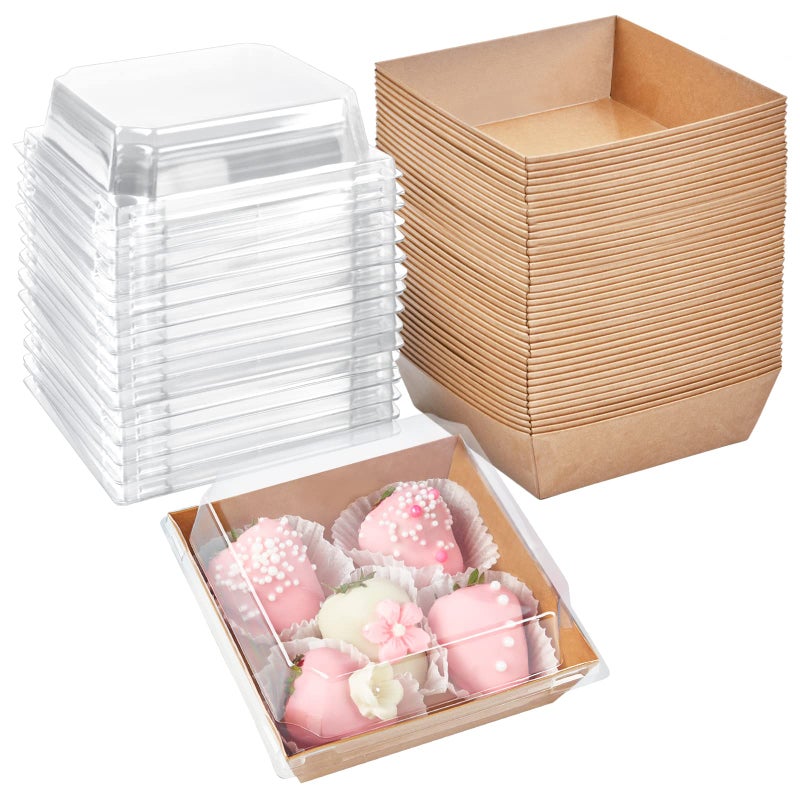 Ocmoiy Kraft Charcuterie Boxes with Clear Lids 4x4 Inch, 50 Pack Brown Square Bakery Cake Slice Boxes with Window, Dessert To Go Containers (50) - Image 1